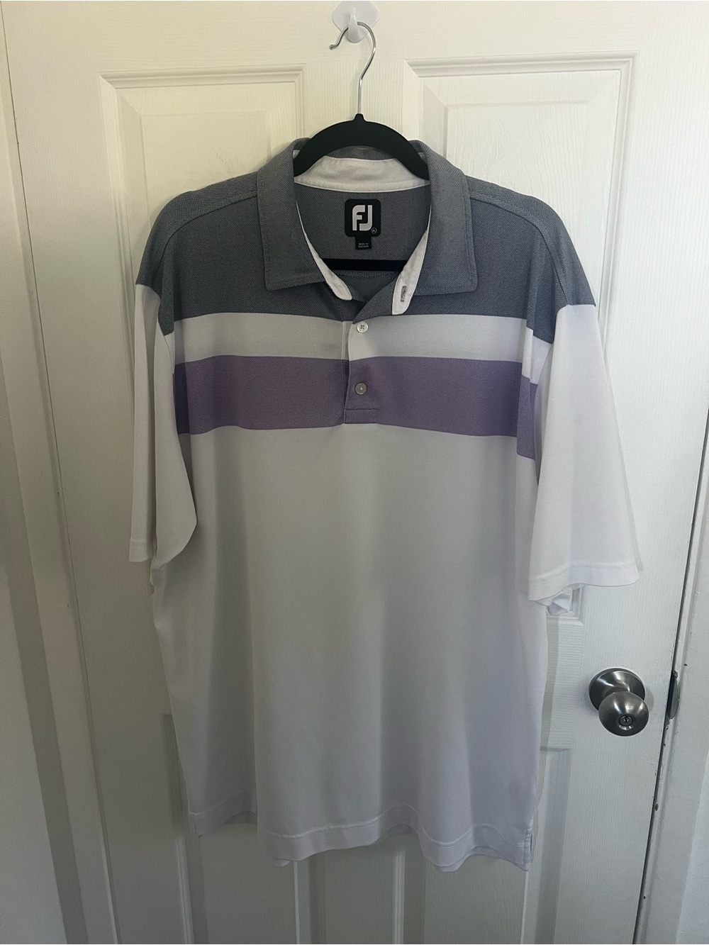 FootJoy White Polo with‎ Gray Yoke and Lavender Stripe